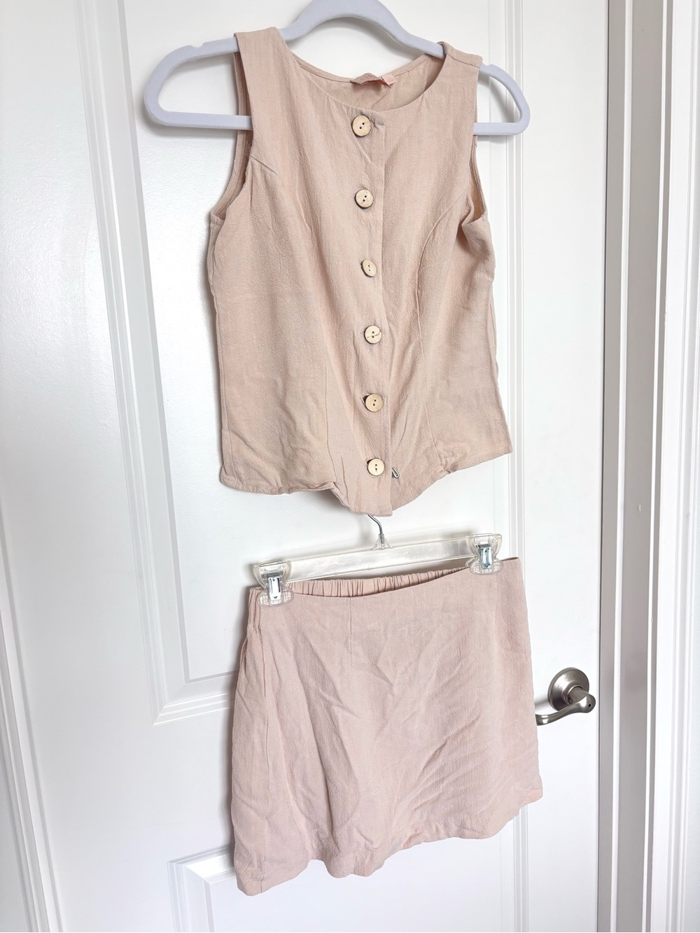Linen Blend Two Piece Matching Set Beige Button Front Top Skort Quiet Luxury Med